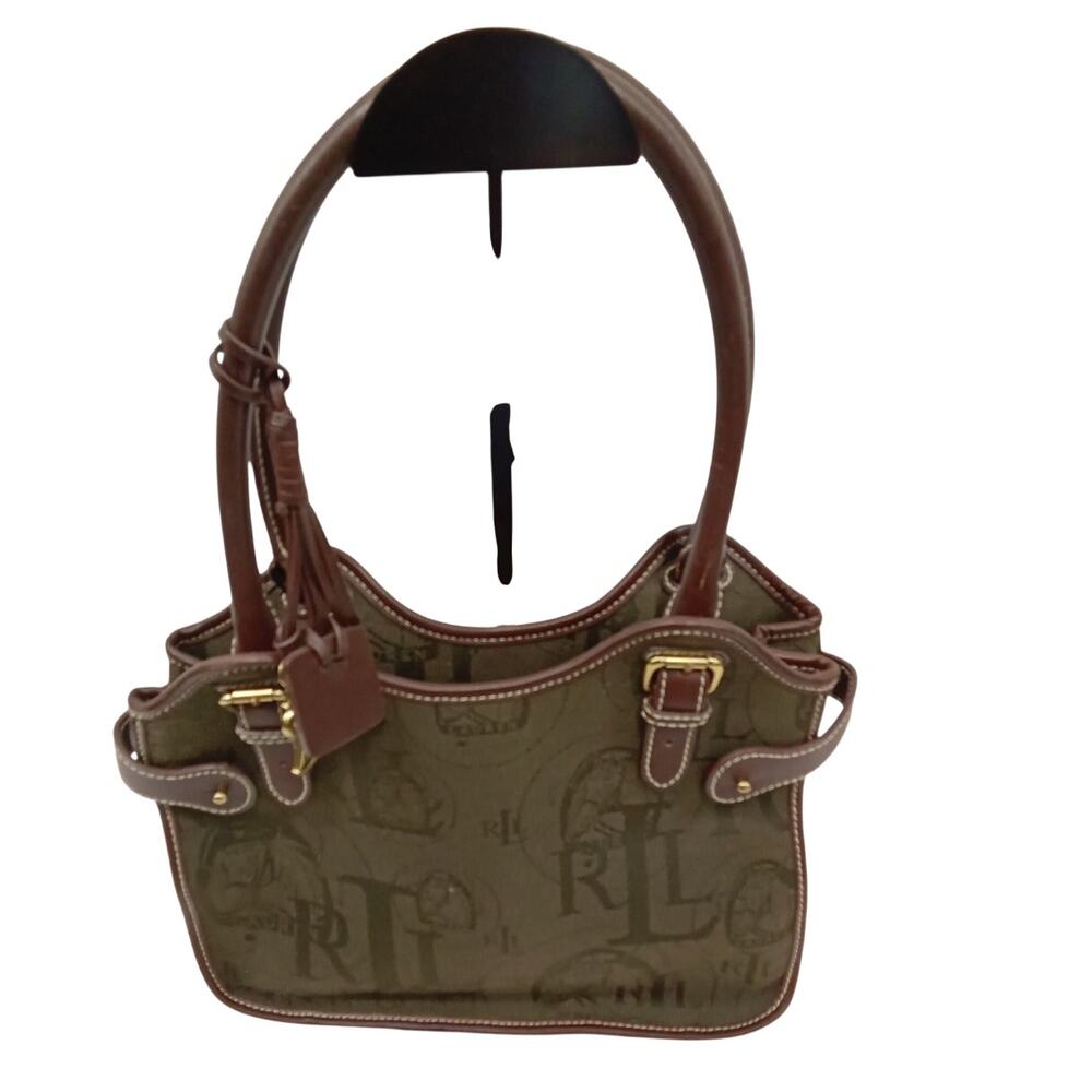 Lauren Ralph Lauren Olive Green RL Monogram Canvas Leather Shoulder Bag
